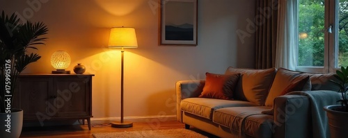 Warm, inviting glow from a stylish floor lamp illuminating a cozy living room corner Perfect for home decor, interior design, and lifestyle blogs , furniture, home style, interior