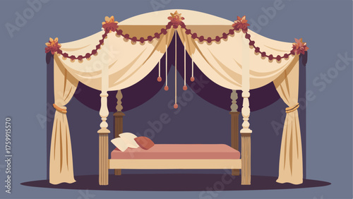 A dreamy canopy bed draped with curtains and adorned with strings of dried flowers.