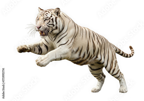 Majestic white bengal tiger leaping with powerful grace against a dark setting isolated on transparent background