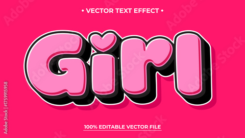 Pink Girl Text Effect with Heart Black Outline and Editable Vector File