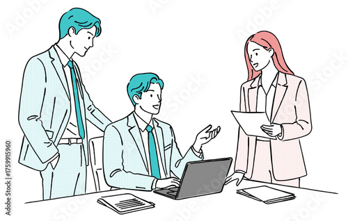 ノートパソコンを囲んで話し合う男女のビジネスパーソンの線画イラスト,チームワーク,会議,共同作業,ミーティング