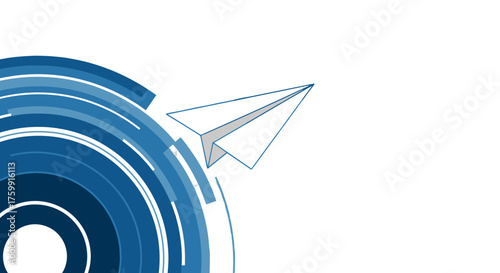 Abstract Digital Airplane Departing Through Blue Geometrical Circular Pattern Against Black