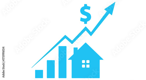 Blue graph showing upward trend with house icon and dollar sign isolated on transparent background
