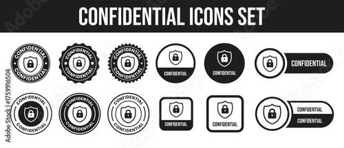 Confidential label set. Confidential stamp badge, top secret label, confidential seal, security sign, private information sticker, confidential logo, secret mark, classified confidential stamp design.
