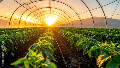 Inside a tunnel greenhouse, crops bask in morning sun's golden glow