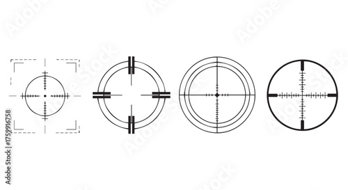 Collection of four different crosshair reticle designs, isolated on transparent background