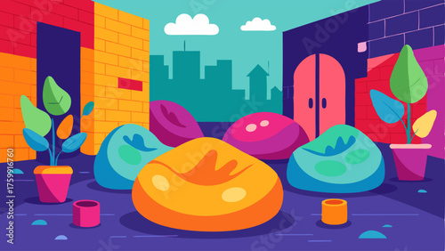 A cozy corner filled with oversized bean bags surrounded by vibrant street art pieces.