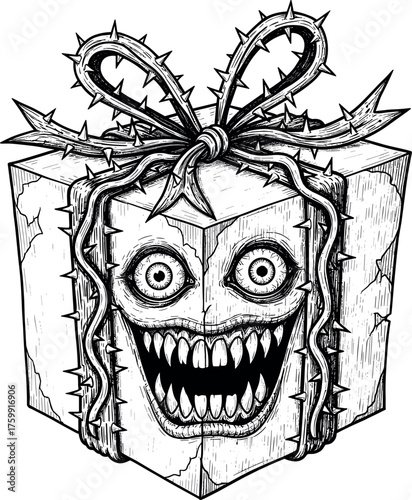 Horror Gift Box Illustration with Spiky Ribbon and Menacing Face