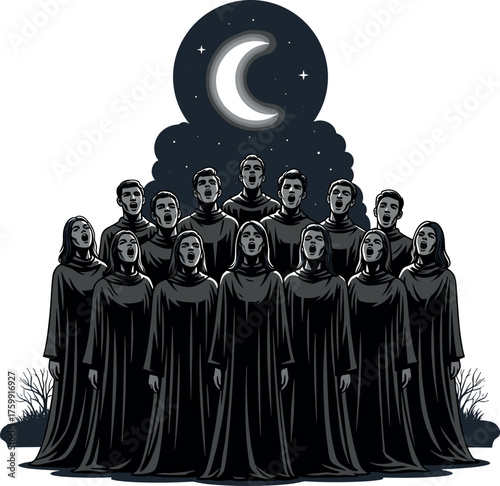 Chorus of figures in black robes singing under a crescent moon
