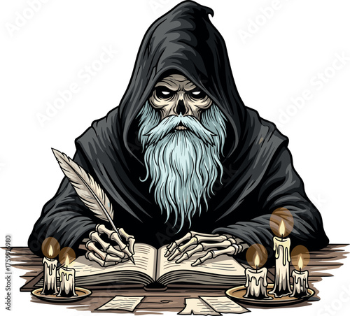 Father Time Skeleton Writing with Quill Pen and Candles