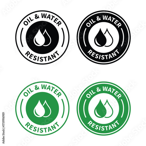 Oil and Water Resistant Logo Badge – Vector Icon for Business Information and Product Labels. Oil and Water Resistant icon, sticker, label, emblem, stamp, symbol, black, line, flat vector
