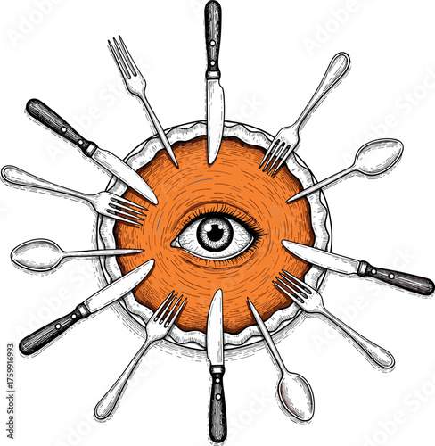Surreal Pumpkin Pie with Eye and Cutlery: A Disturbing Thanksgiving Feast