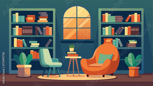 A cozy reading nook with floortoceiling bookshelves and padded chairs.