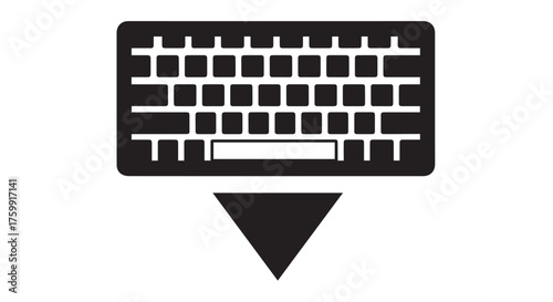 Black keyboard icon with a downward pointing triangle isolated on transparent background