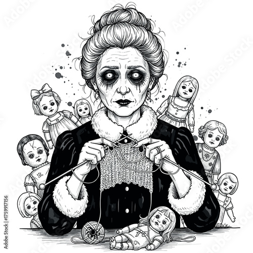 Creepy Mrs. Claus knitting with spider silk, surrounded by dolls