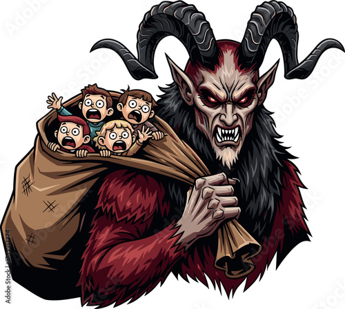 Krampus carries screaming children in a sack, scary folklore Christmas character