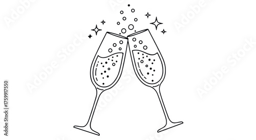 Two champagne glasses clinking together with sparkling bubbles isolated on transparent background