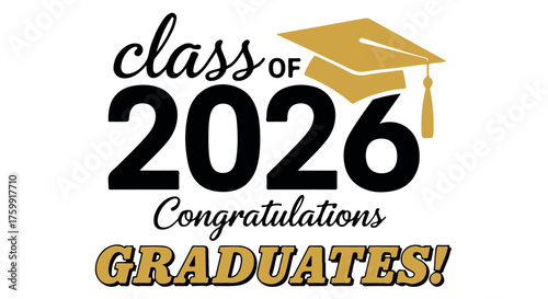 Class of 2026 graduation congratulations message with cap isolated on transparent background