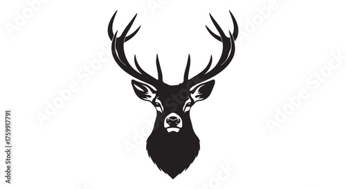 Black silhouette of a stags head with large antlers isolated on transparent background