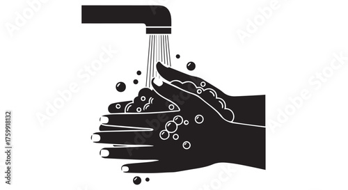 Illustration of hands being washed under a faucet with soap and bubbles, isolated on transparent background