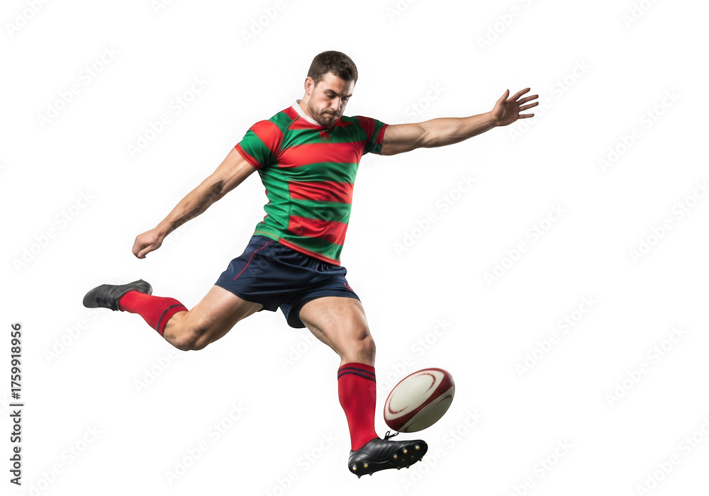 Fototapeta premium Rugby player kicking ball action shot dynamic sport photography high quality png isolated on transparent background