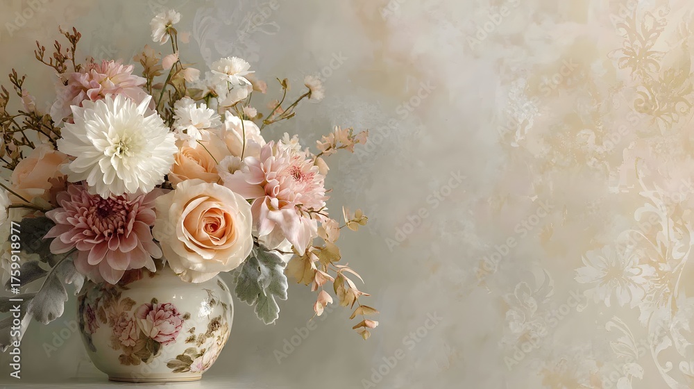 Fototapeta premium Vintage floral arrangement in ornate ceramic vase with soft textured background ornate vase flowers