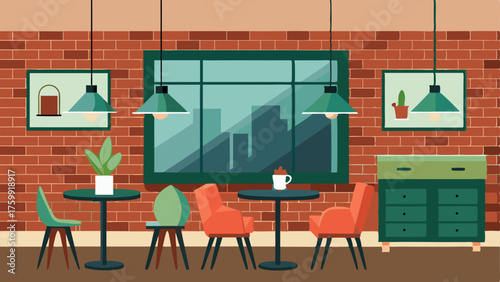 A corner coffee shop with exposed brick walls modern decor and a variety of seating options.