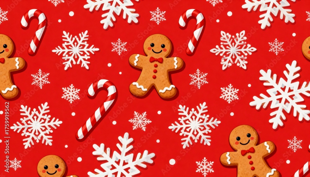 Fototapeta premium Festive gingerbread cookies and candy canes on red background holiday theme pattern design cheerful atmosphere top view