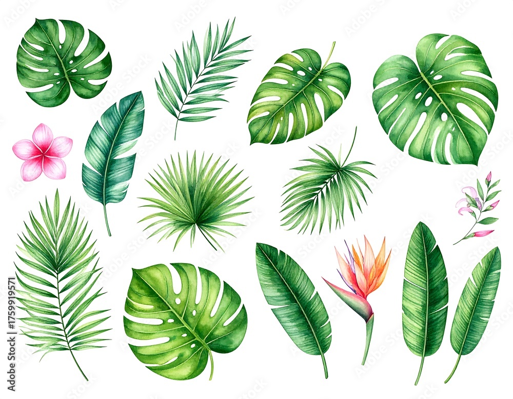 Fototapeta premium Watercolor botanical illustration featuring various tropical leaves and flowers. Lush green foliage depicts popular plants in a vibrant, detailed style