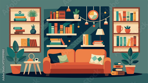 A cozy reading nook with shelves filled with art books and sketches hung on the walls.