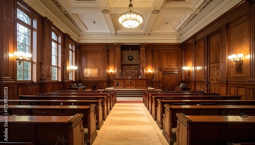 Formal interior of a courtroom with wood paneling and seating