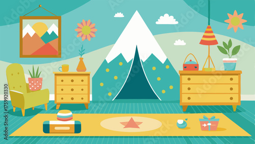 A bright and cheerful childrens bedroom with a whimsical wallpaper a vintageinspired dresser and a teepee tent.