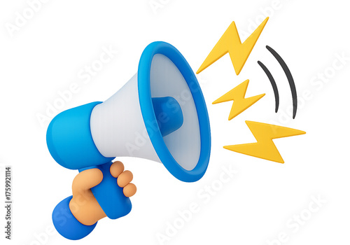 3D cartoon megaphone with lightning bolts and sound waves blue megaphone with loudspeaker