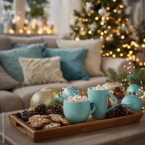 Wallpaper Mural Dwie turkusowe filiżanki gorącej czekolady z piankami i pierniki na drewnianej tacy, w otoczeniu bombek. W tle choinka i sofa, świąteczny klimat. Torontodigital.ca