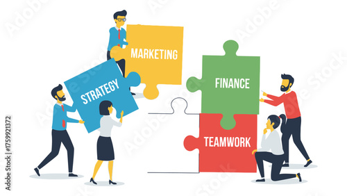 Team of people assembling puzzle pieces representing business strategy marketing finance and teamwork vector illustration for business concept