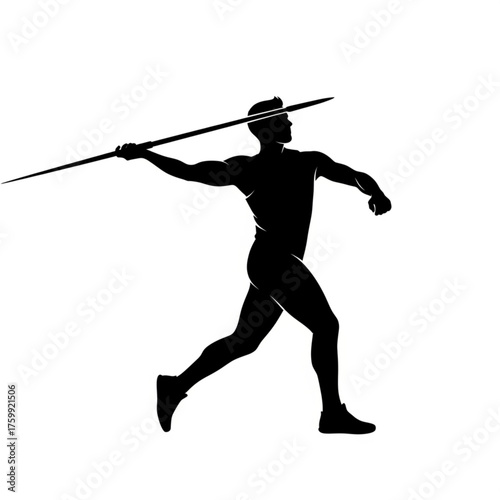 Dynamic silhouette of athlete throwing javelin with powerful motion on white background, vector art for sports and competition themes, graphic symbol illustration.