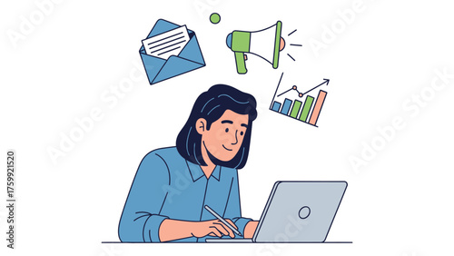 Businesswoman working on a laptop with email marketing and data analysis icons vector illustration for business communication and strategy