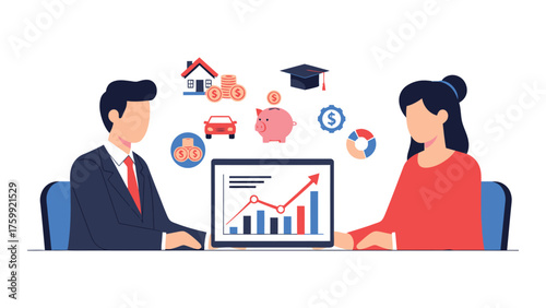 Financial advisor meeting with client discussing investment growth and planning for future goals vector illustration