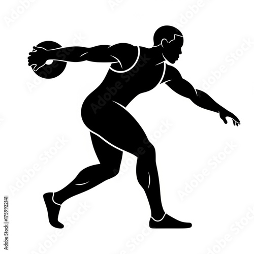 Dynamic black silhouette of discus thrower athlete in action, embodying power, strength, & motion, ideal for sports branding, athletic design, and fitness illustrations.