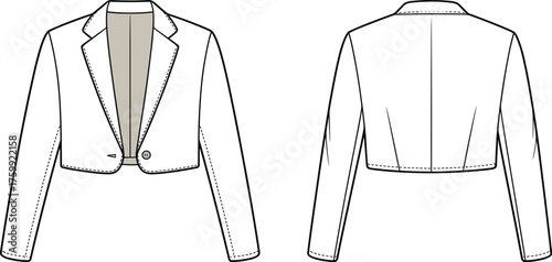 Cropped blazer fashion illustration, technical flat sketch, front and back view, tailored jacket design, garment construction, vector template for pattern making