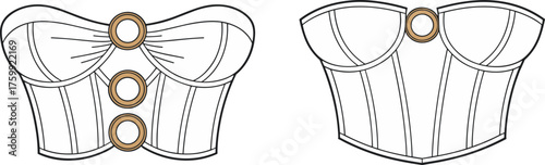 Corset top fashion illustration, sweetheart neckline, gold ring embellishments, ruched and smooth bust styles, front and back view, garment design vector art
