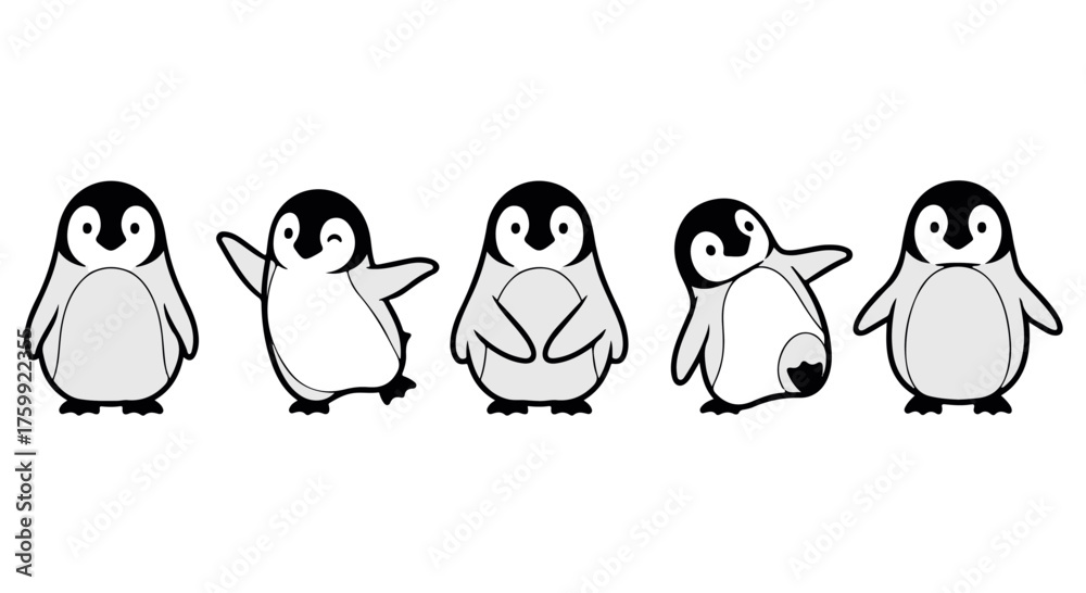 Naklejka premium Five cute cartoon penguins standing in a row, isolated on transparent background