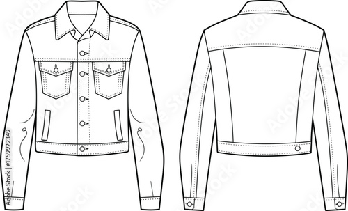 Cropped denim jacket fashion sketch, button-down design with flap pockets and yoke seam, technical flat illustration, front and back view, template