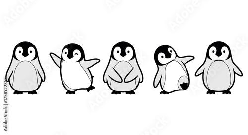 Five cute cartoon penguins standing in a row, isolated on transparent background