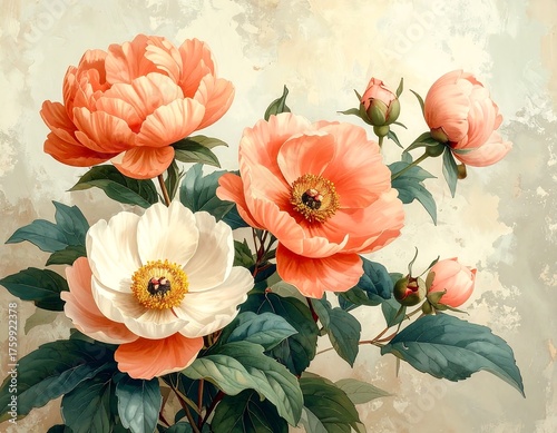 Watercolor depiction of vibrant peonies with coral and white petals, green foliage, and multiple buds, a blossoming floral scene