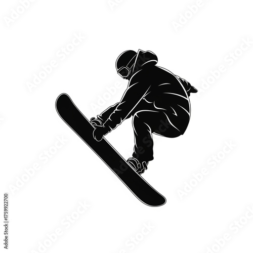 Stylish black silhouette of snowboarder executing a trick on white background. Vector illustration for extreme sports branding, winter adventure, and outdoor activities