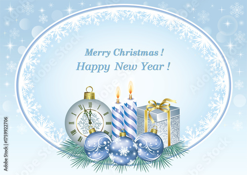 Christmas card with gift box, clock, candles and baubles on fir branches in an oval frame against snowflake background. Vector illustration.