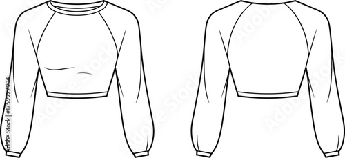 Long-sleeve cropped top fashion illustration, technical flat sketch, front and back view, raglan sleeves, puff cuff detail, vector garment design