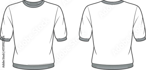 Short-sleeve sweatshirt fashion sketch, crew neck design with ribbed cuffs and waistband, technical flat illustration, front and back view, garment template