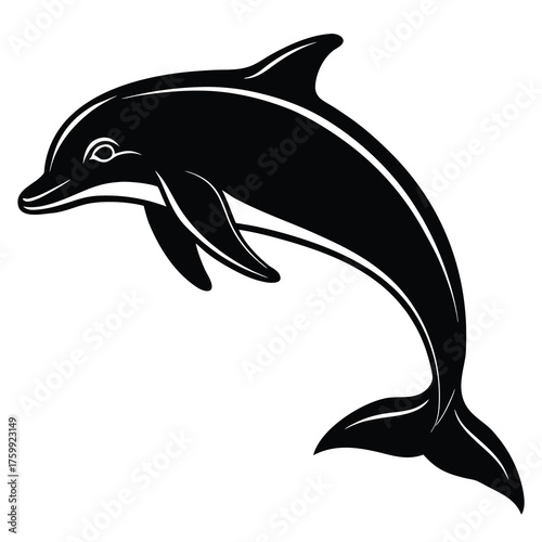 Dynamic silhouette of a dolphin leaping gracefully out of the water against a clean white background perfect for aquatic themes and summer designs